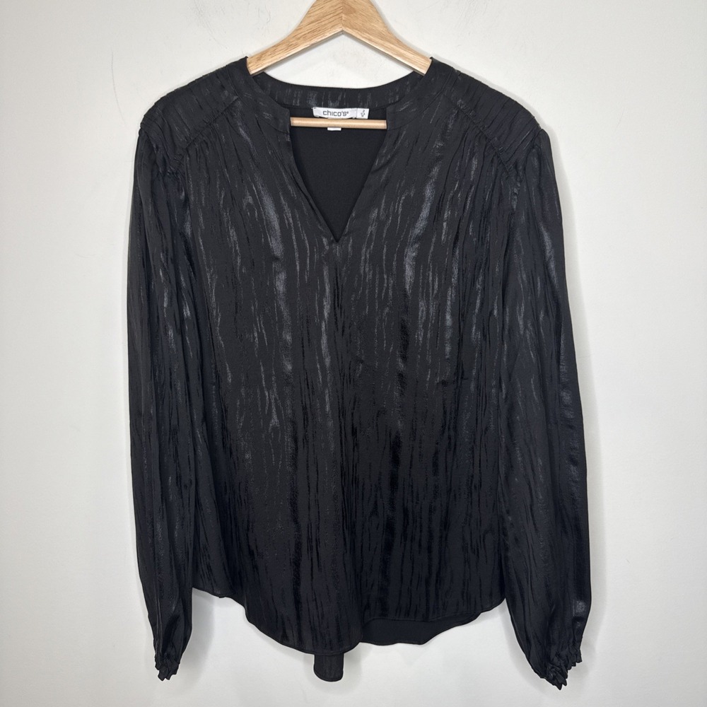 Chicos Animal Print Satin Blouse Womens 2/12 Black Bishop Sleeve Mob Wife Office